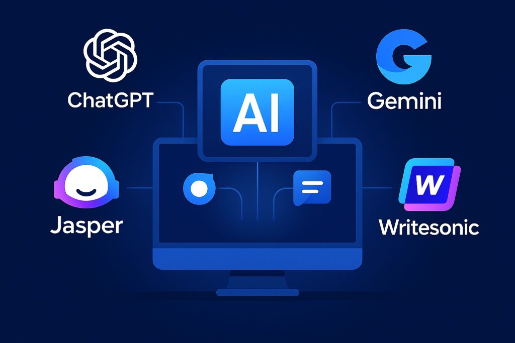AI 工具如 ChatGPT、Google Gemini、Jasper、Writesonic 等，能夠快速產出大量內容，是企業或品牌進行部落格經營、產品說明、常見問題等的輔助利器。